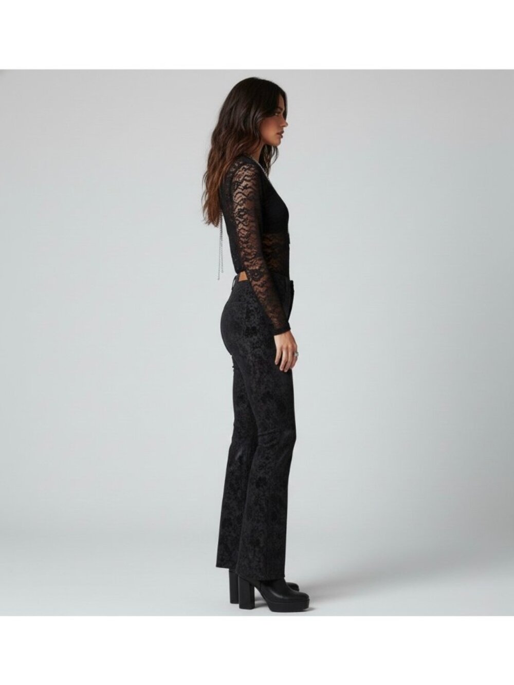 Y2K Black Floral Velvet Mid Rise Flare Jeans | Mob Wife Dark Academia Whimsigoth - Picture 5 of 10